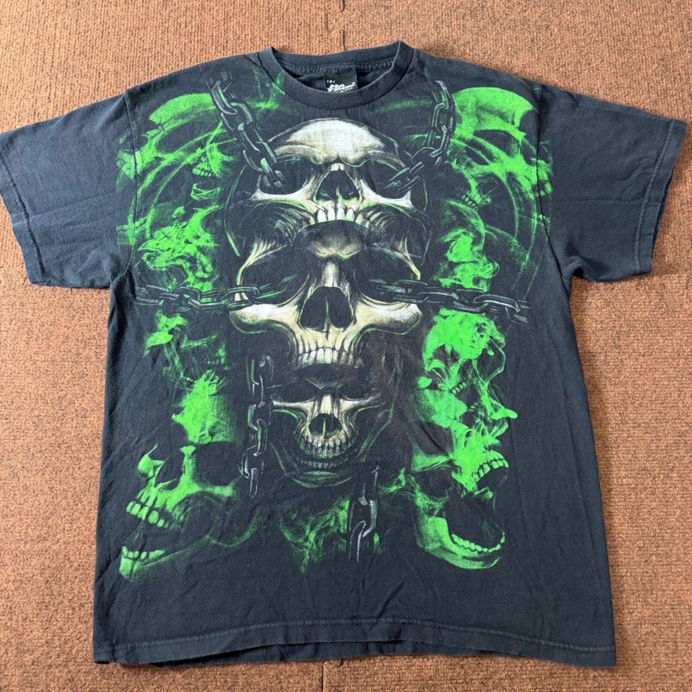 A- No Fear Vintage Skulls Graphic T-Shirt Black Neon Green Chains Mens Large USA